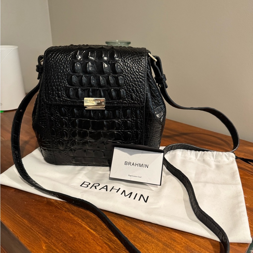 Brahmin Black Croc-Embossed Leather Crossbody with Gold Hardware